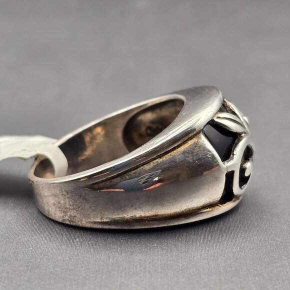 Sterling Silver A925 Black Onyx Dome Ring Size 10 Vining Leaf Scroll 8.81g - Picture 4 of 12